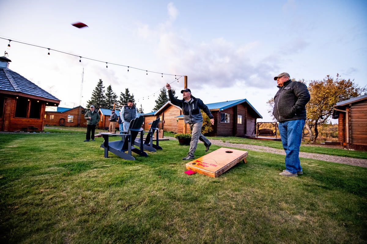 Playing yard games at NoSeeUm Lodge